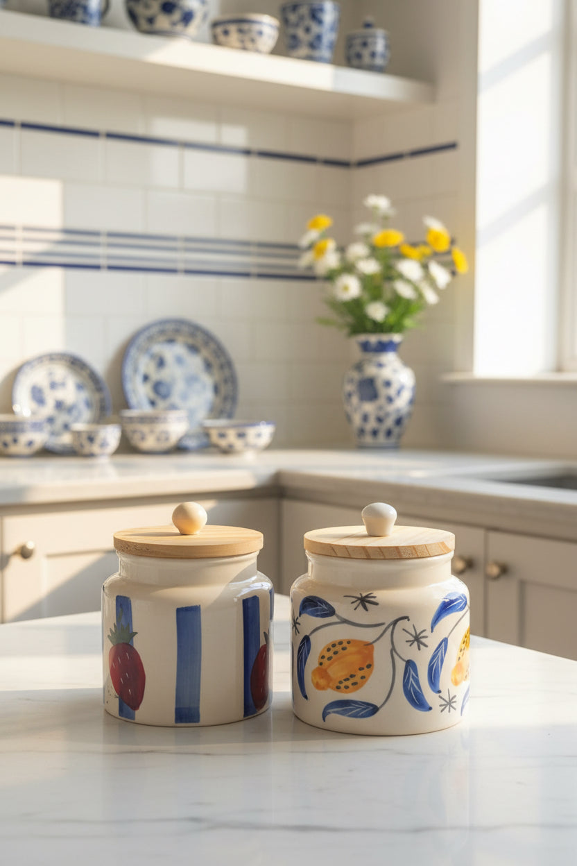 Handpainted Ceramic Airtight Storage Jar with Wooden Lid – 500 mL