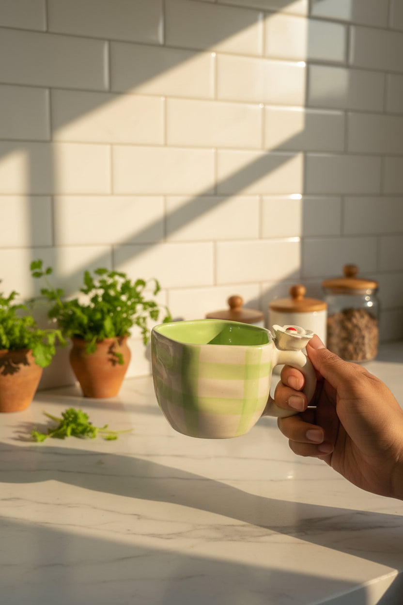 Blossom Checkered Floral Ceramic Mug – 220 mL