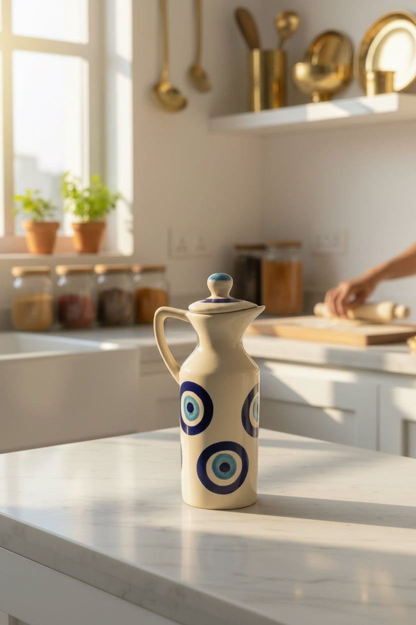 Evil Eye & Blue Floral Handcrafted Ceramic Oil Dispenser – 350 mL