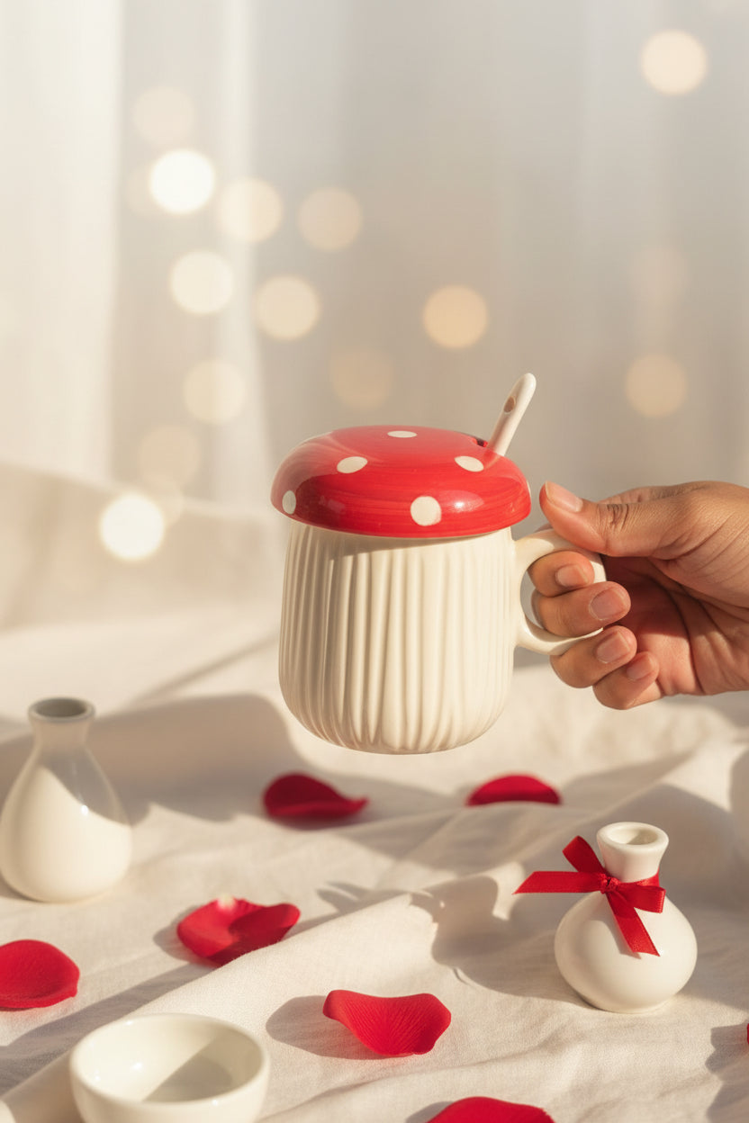 Mushroom Ceramic Mug with Spoon & Lid – 300 mL