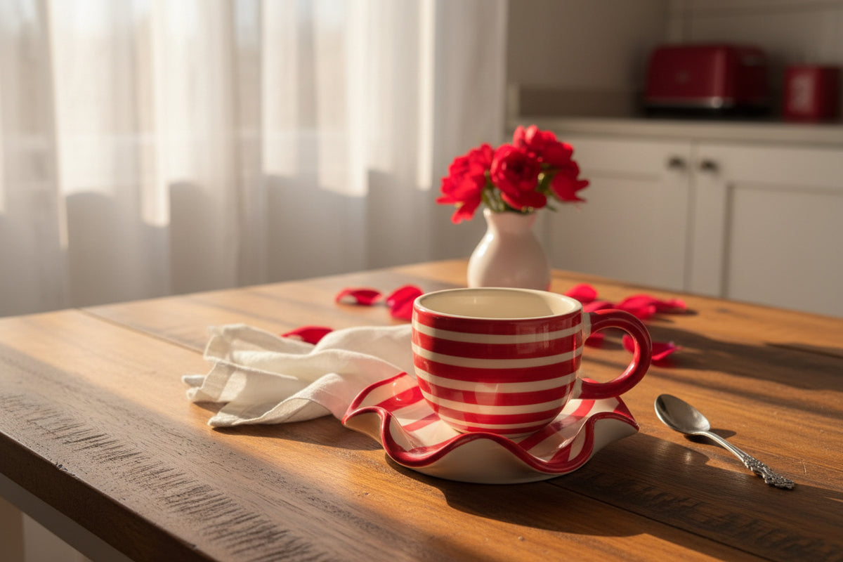 Red Stripe Spiral Cup & Saucer Set – 220 mL (Set of 1)