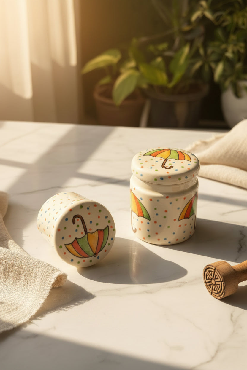 Hand-Painted Umbrella Ceramic Mini Jar with Lid (300mL) – Eco-Friendly Handcrafted Decorative Kitchen Canister and Multi-Purpose Utility Pot (4" x 3")