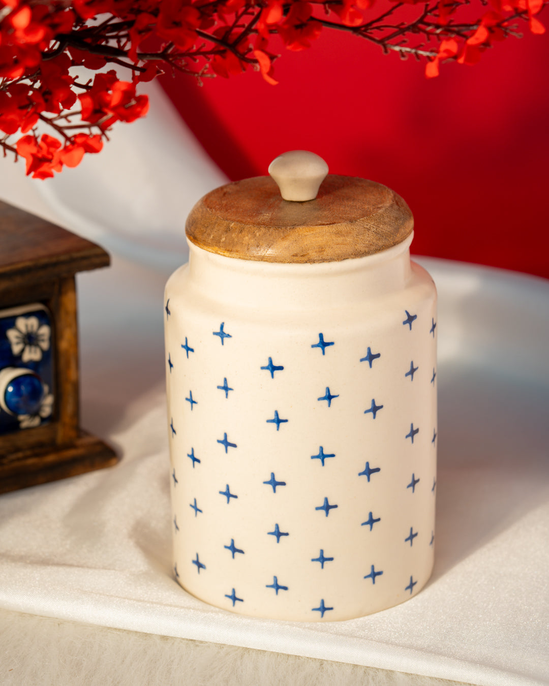My Crockery Shop Handcrafted Charm - Airtight Ceramic Jar with Wooden Lid