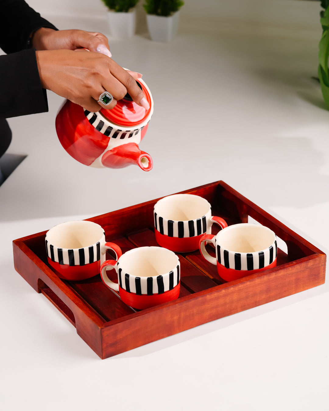 My Crockery Shop Hand-Painted Ceramic Tea Set – 4 Cups, Kettle & Wooden Tray