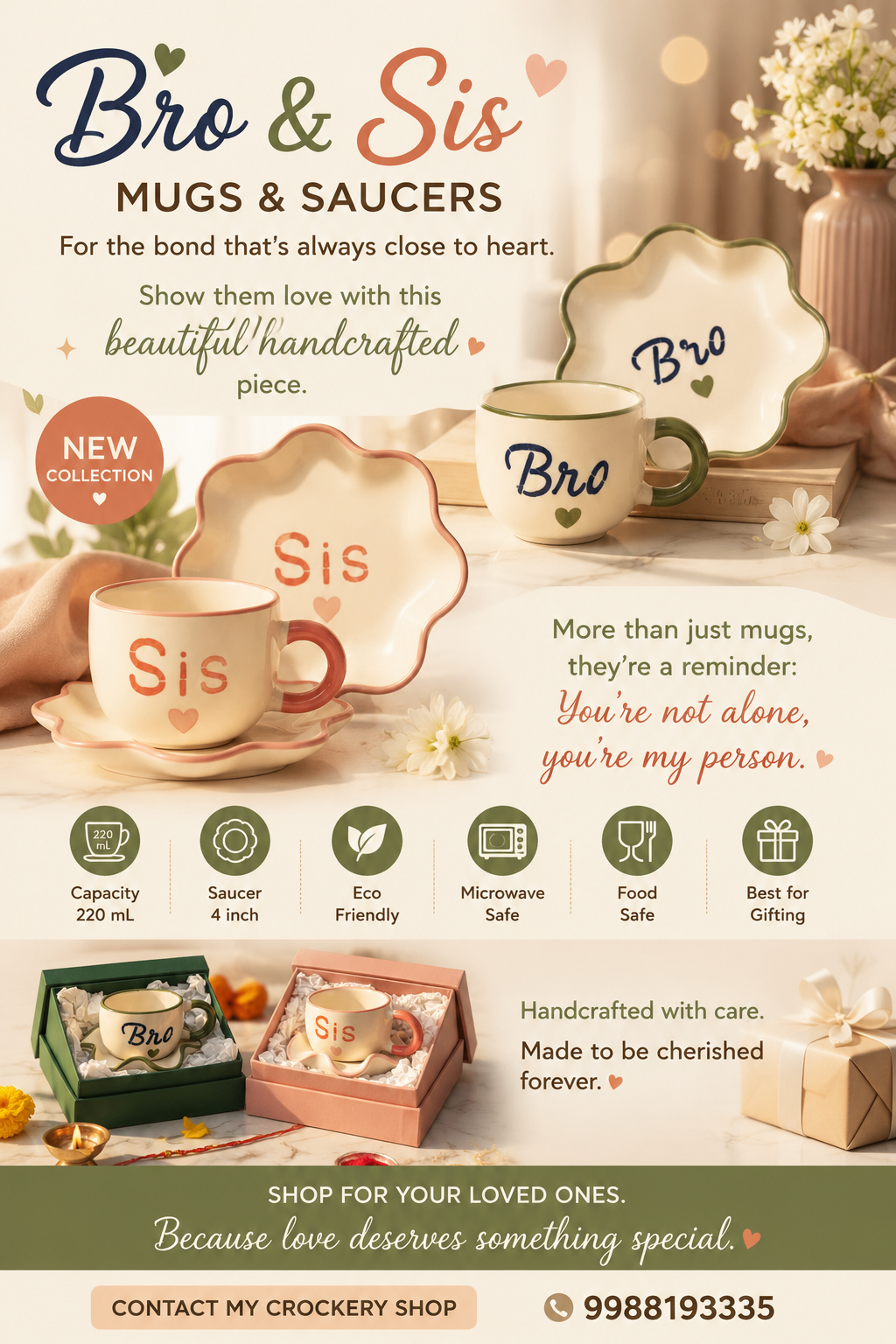 Bro & Sis Ceramic Mug & Saucer Set – Raksha Bandhan Gift Set | 220 mL | Microwave Safe