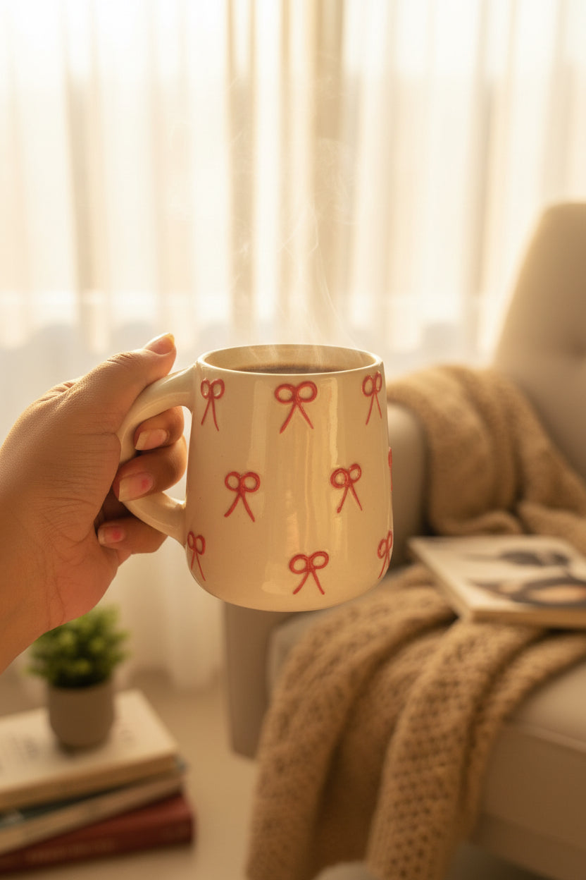 Blush Bow Embossed Ceramic Mug – 300 mL