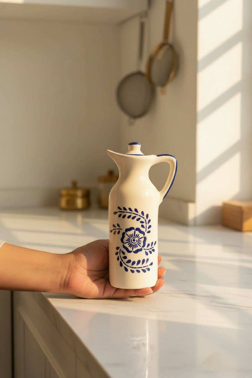 Blue Bloom Handcrafted Ceramic Oil Dispenser – 350 mL