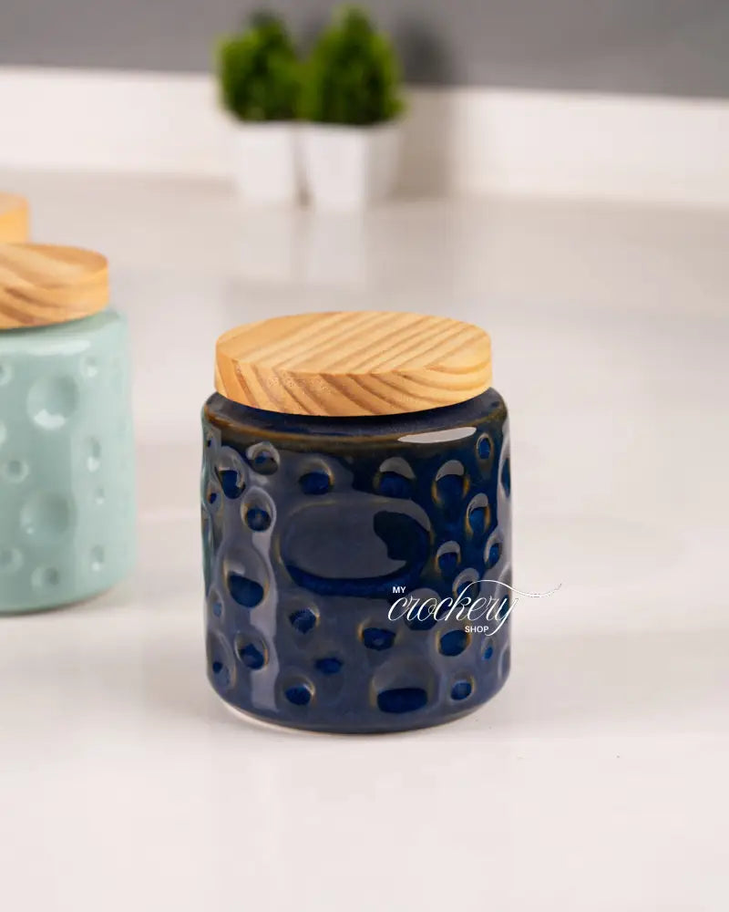 My Crockery Shop Bubble Textured Round Ceramic Crockery Jar – 750ml - Blue - Kitchen Storage