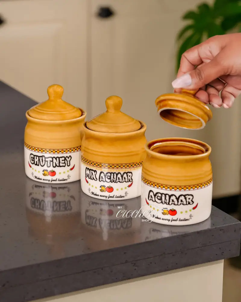 My Crockery Shop Traditional Ceramic Crockery Pickle Jar Set – 300ml x 3 - Kitchen Storage