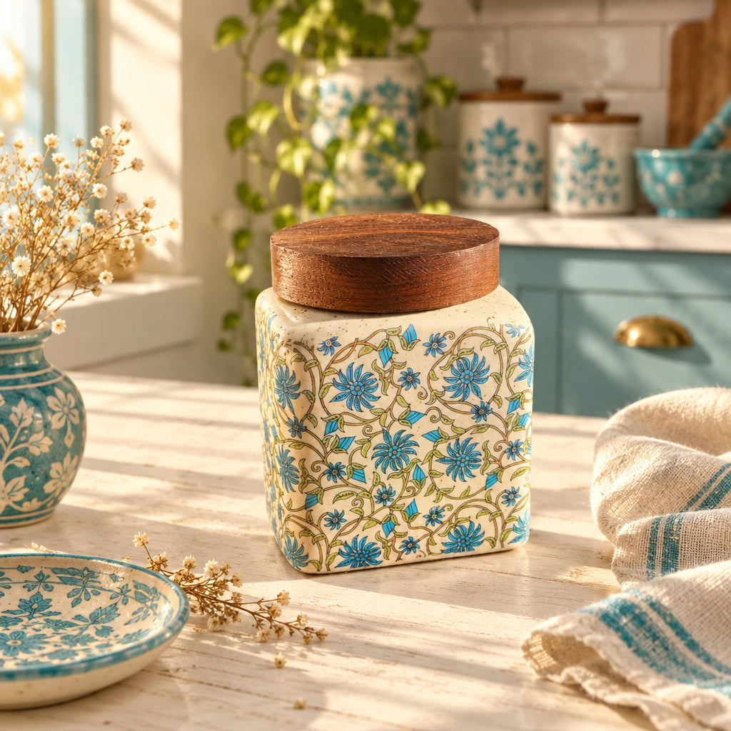 Blue Floral Carpet Ceramic Jar with Wooden Lid – 500 mL 💙

(Set of 1)