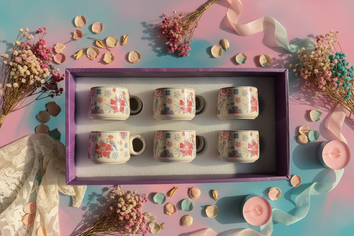 🌸 Multicolour & Floral Tea Cups – Set of 6