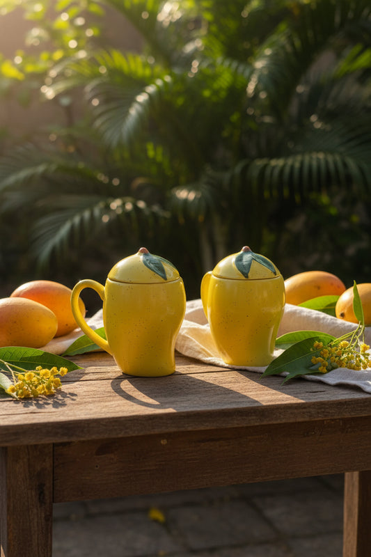 Handcrafted Mango Ceramic Mug with Leaf Lid – 300 mL | Premium Microwave Safe Mug