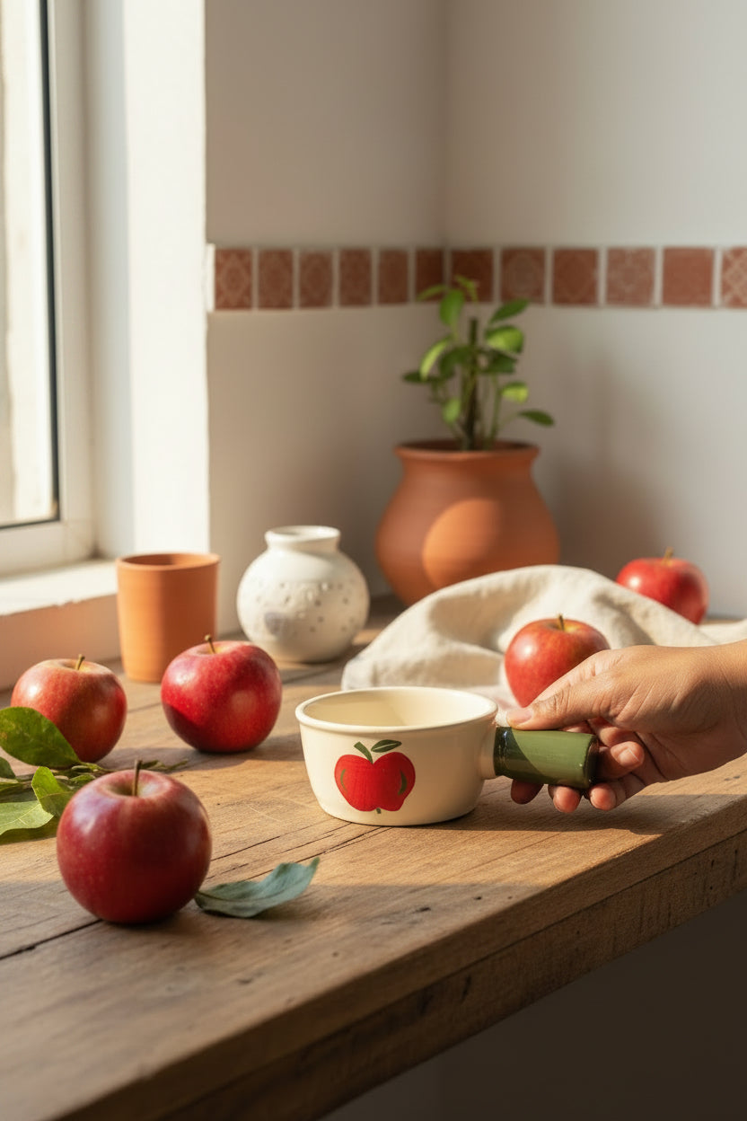 Orchard Charm Ceramic Snack Platter with Handle – Apple & Strawberry Collection