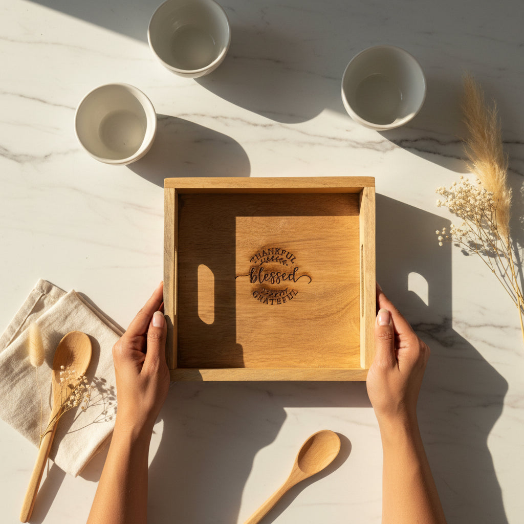 Thankful • Blessed • Grateful Wooden Tray (Set of 1)