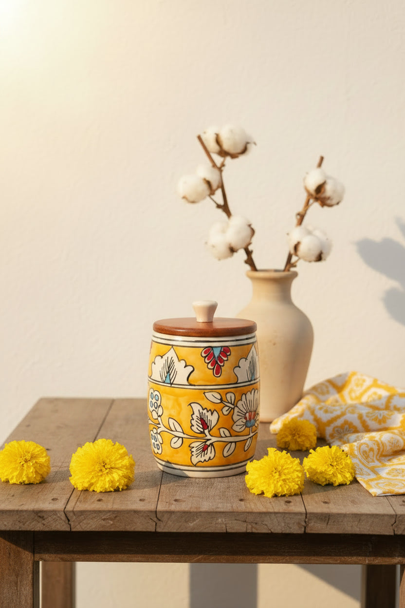 Premium Floral Ceramic Airtight Storage Jar – 900 mL | Wooden Airtight Lid | Handcrafted Kitchen Storage