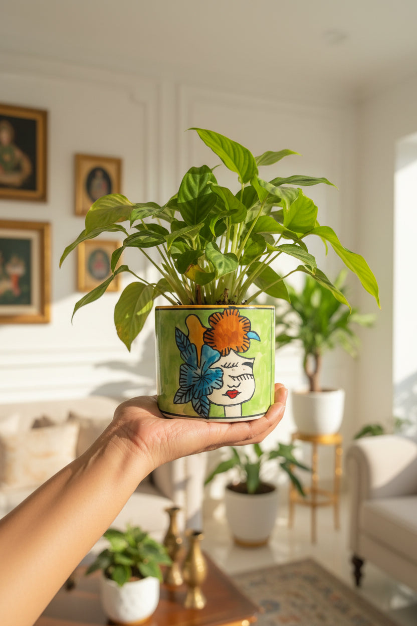 Hand-Painted Floral Girl Ceramic Multipurpose Holder | Planter, Vase & Organizer | 5 x 4 Inch | My Crockery Shop
