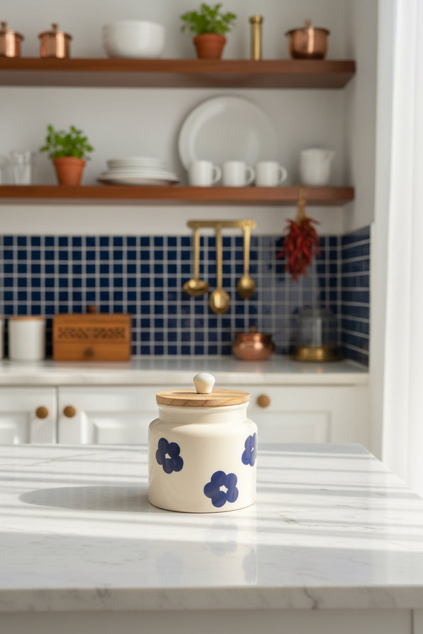 Handpainted Ceramic Airtight Storage Jar with Wooden Lid – 500 mL