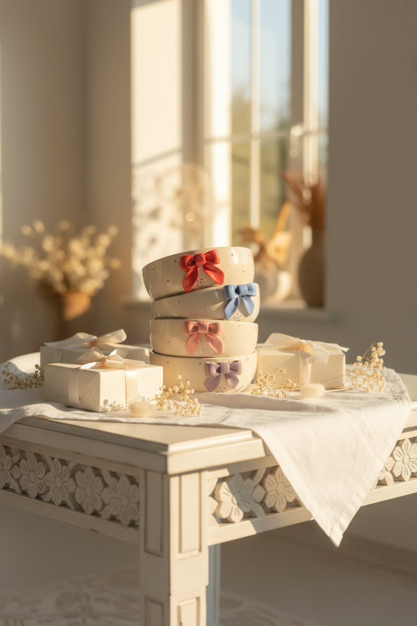 Handcrafted Bow Embossed Ceramic Bowl – 6 Inch | Available in 4 Colors / Single piece
