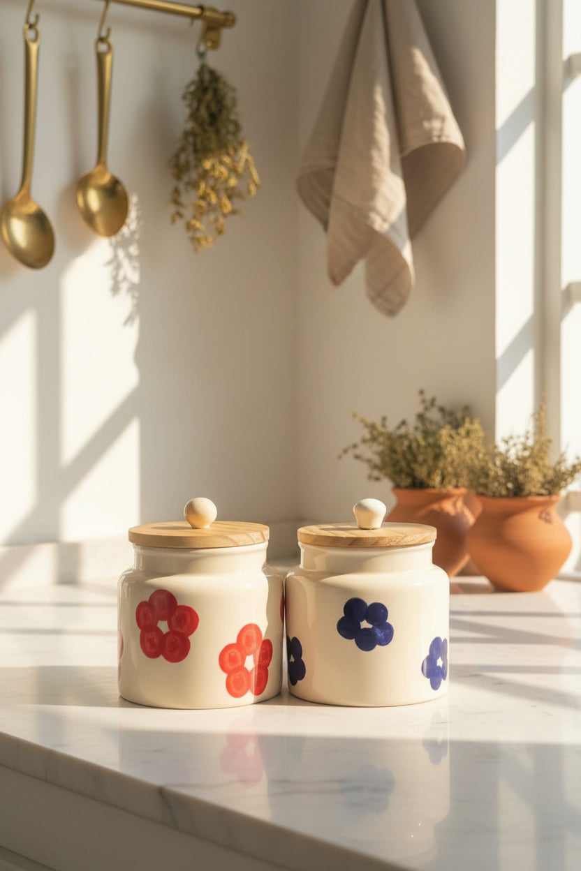 Handpainted Ceramic Airtight Storage Jar with Wooden Lid – 500 mL