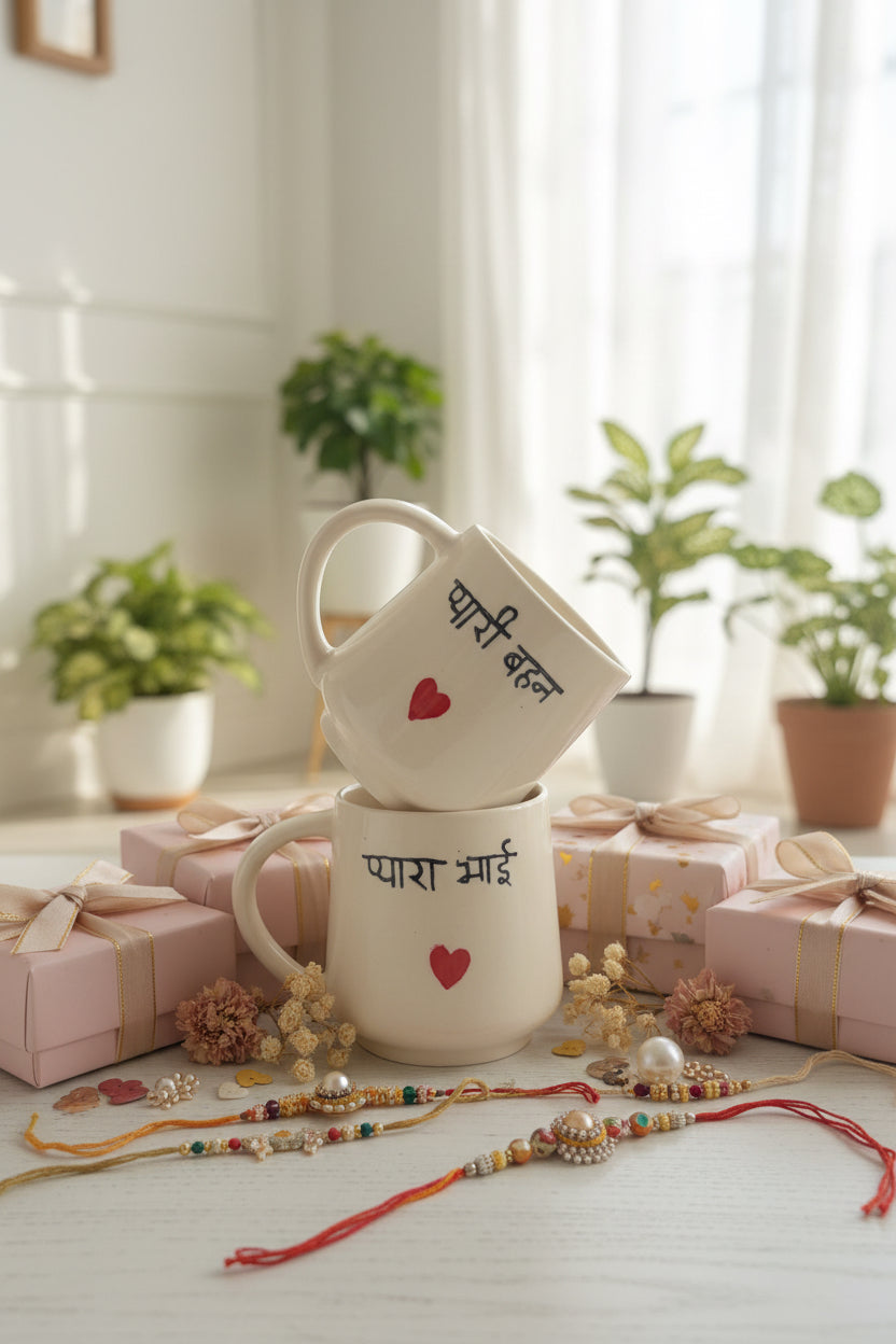 Rakhi Special "Pyaara Bhai" & "Pyaari Behan" Hand-Painted Ceramic Mug | 300 mL