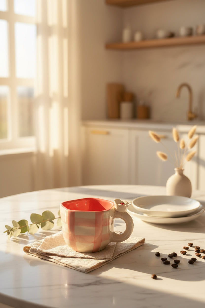 Blossom Checkered Floral Ceramic Mug – 220 mL
