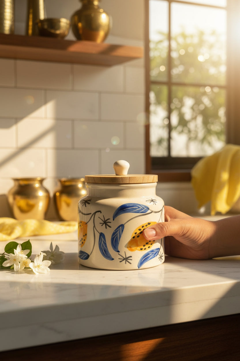 Handpainted Ceramic Airtight Storage Jar with Wooden Lid – 500 mL