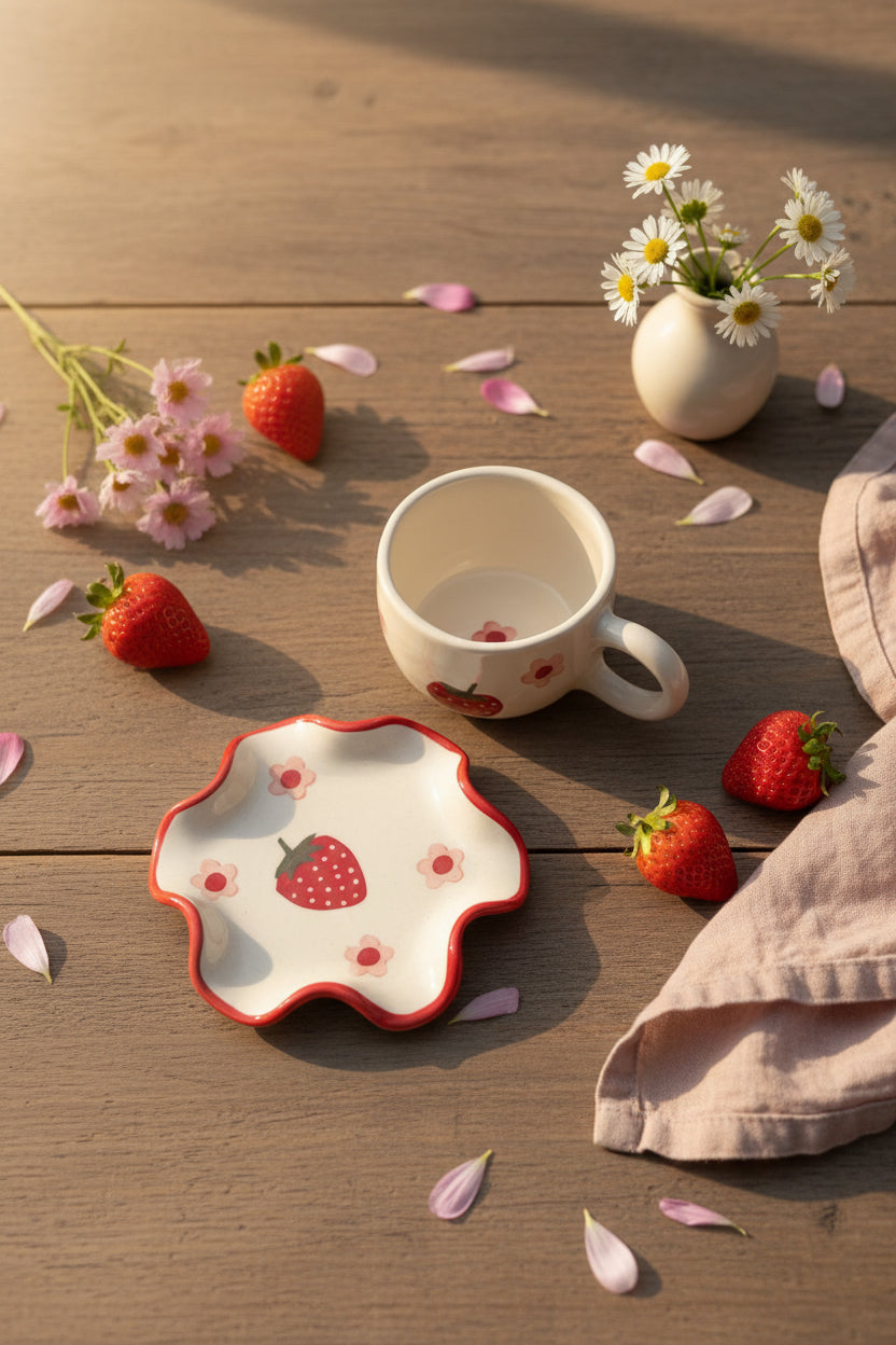 Strawberry Bliss Ceramic Cup & Spiral Saucer Set – Handcrafted Collection