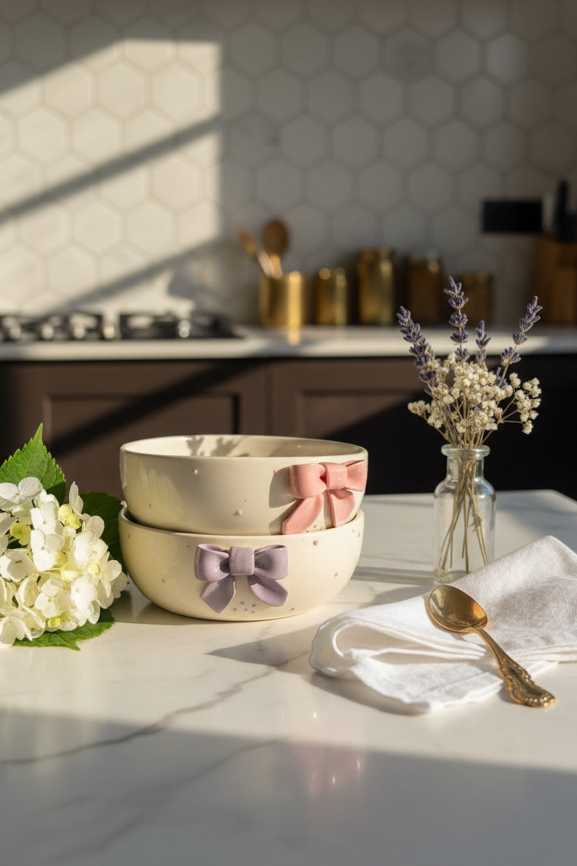 Handcrafted Bow Embossed Ceramic Bowl – 6 Inch | Available in 4 Colors / Single piece