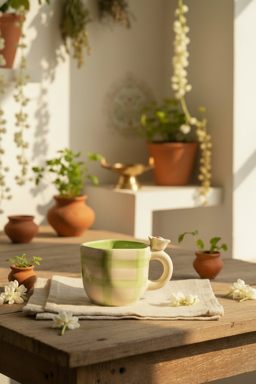 Blossom Checkered Floral Ceramic Mug – 220 mL