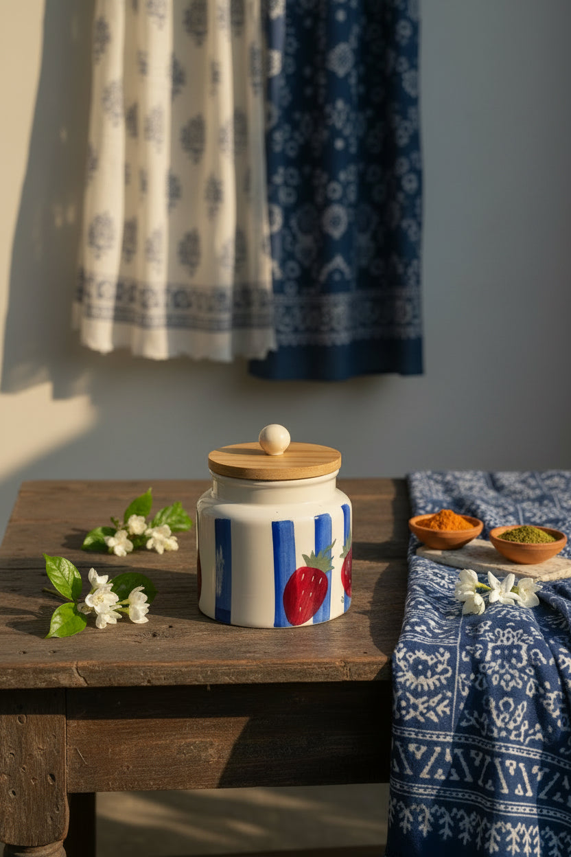 Handpainted Ceramic Airtight Storage Jar with Wooden Lid – 500 mL