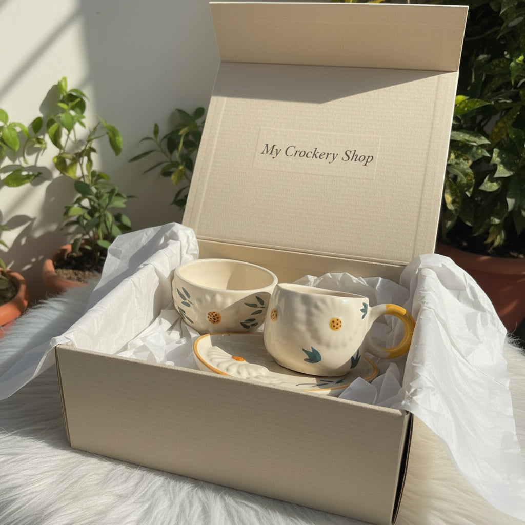 The "Blossom Ritual" Handcrafted Daisy Mug, Bowl & Plate Set
