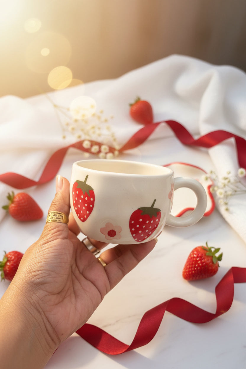Strawberry Bliss Ceramic Cup & Spiral Saucer Set – Handcrafted Collection