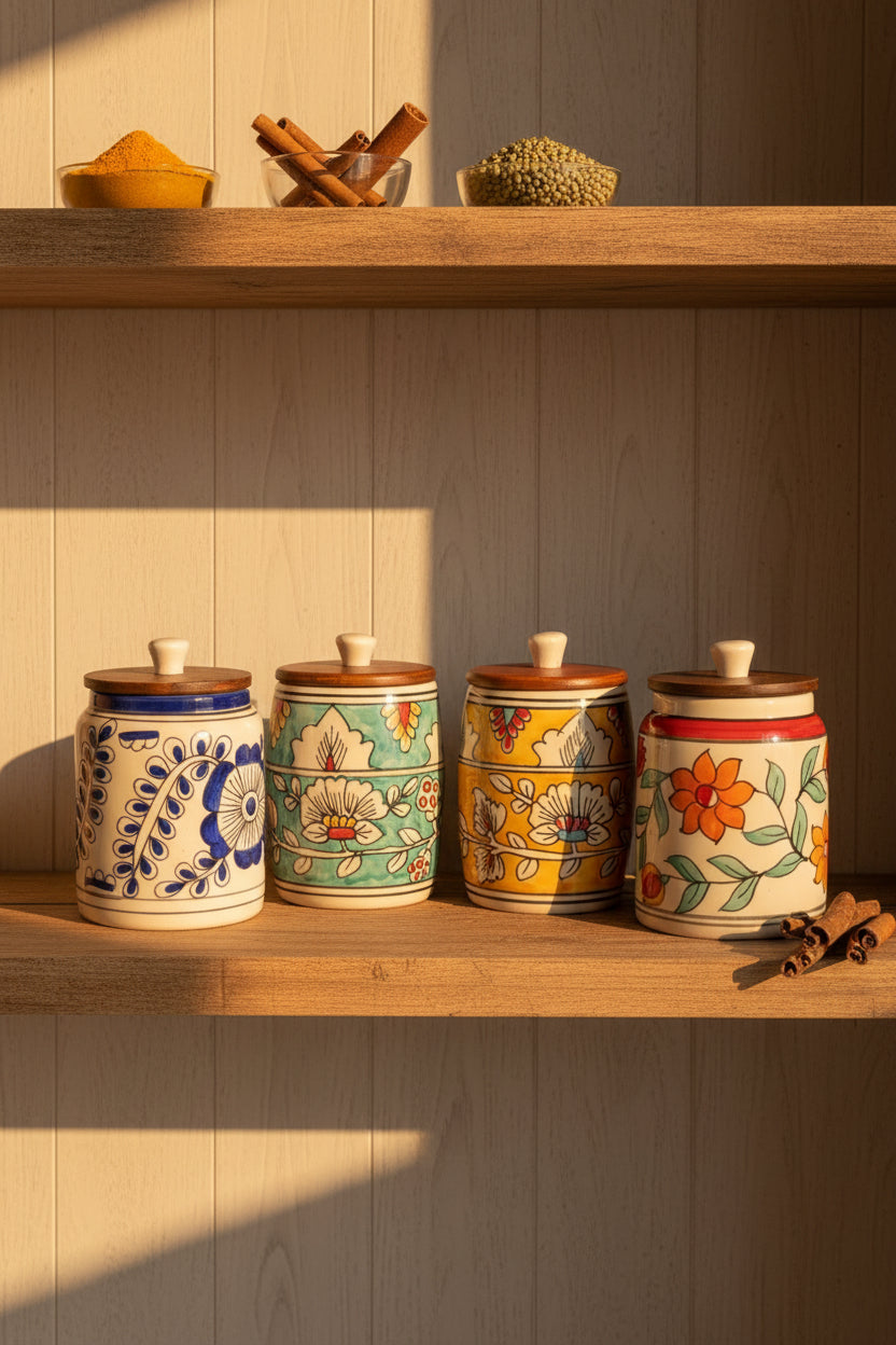 Premium Floral Ceramic Airtight Storage Jar – 900 mL | Wooden Airtight Lid | Handcrafted Kitchen Storage