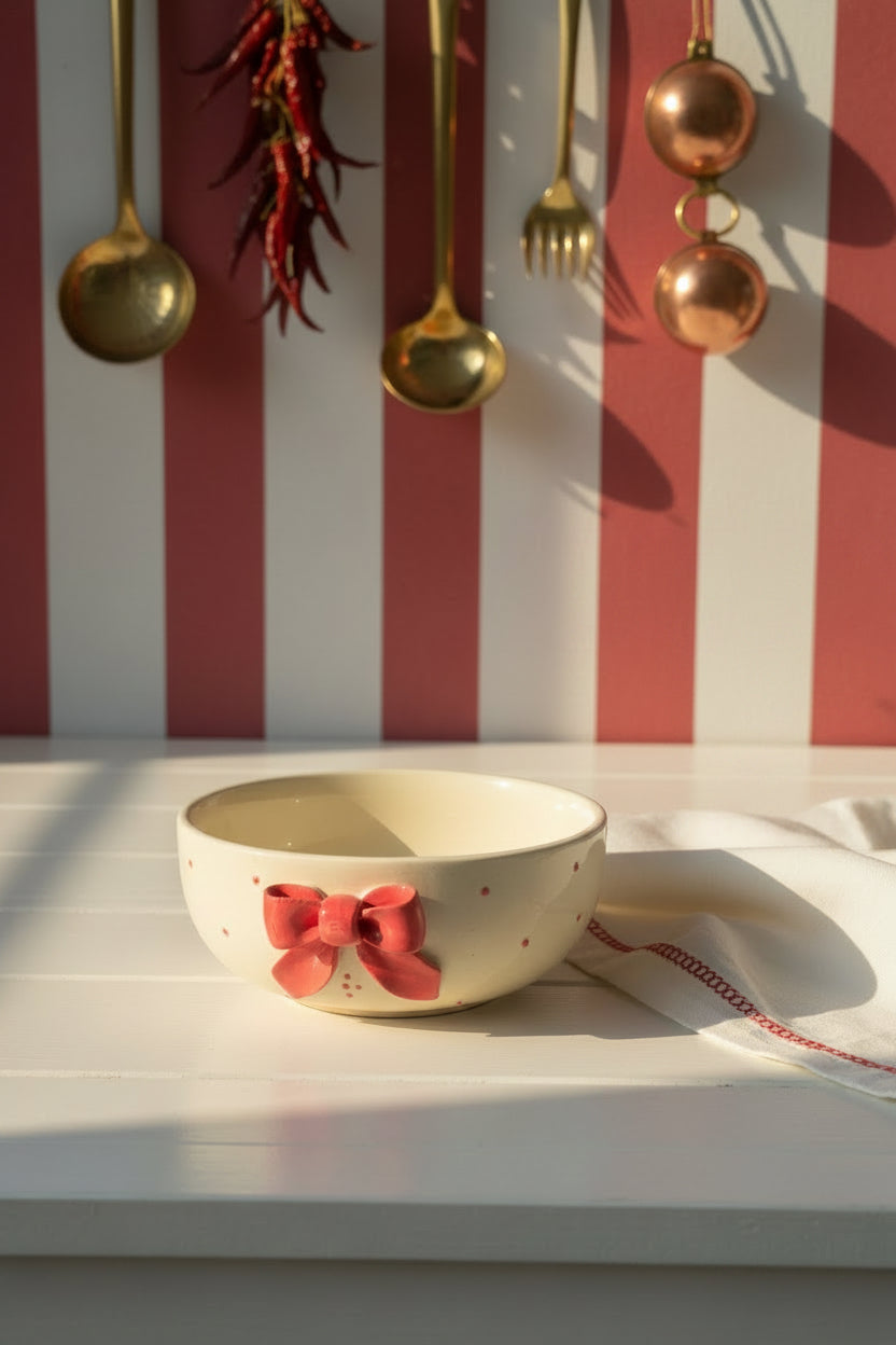 Handcrafted Bow Embossed Ceramic Bowl – 6 Inch | Available in 4 Colors / Single piece