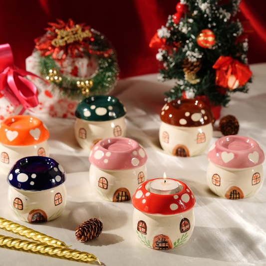 My Crockery Shop Whimsy Glow Ceramic Mushroom Cottage Candle Holder – Assorted Colors