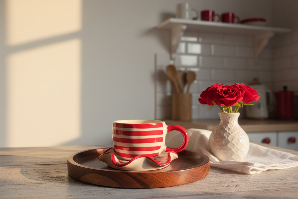 Red Stripe Spiral Cup & Saucer Set – 220 mL (Set of 1)