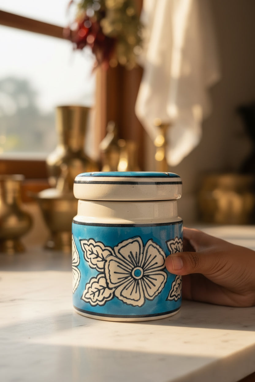 Blue & White Floral Ceramic Jar Set (500mL & 300mL) – Eco-Friendly Non-Airtight Decorative Canister Set with Lids for Kitchen, Dining, and Home Decor