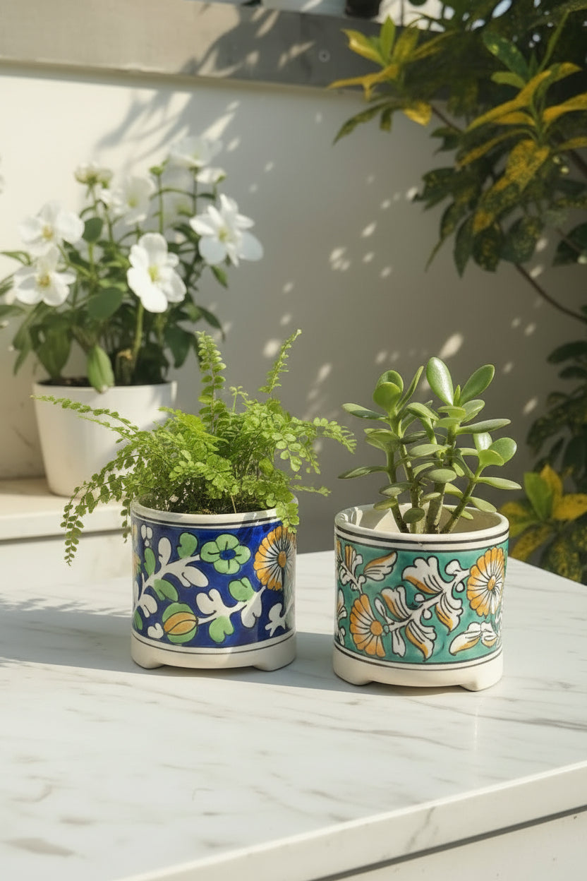 Mughal Hand-Painted Ceramic Planter | Handmade Floral Indoor Pot | 4 x 5 Inch | My Crockery Shop