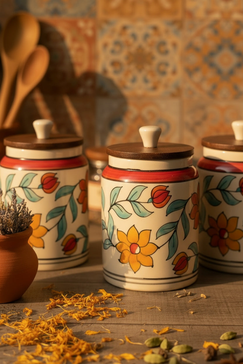Premium Floral Ceramic Airtight Storage Jar – 900 mL | Wooden Airtight Lid | Handcrafted Kitchen Storage