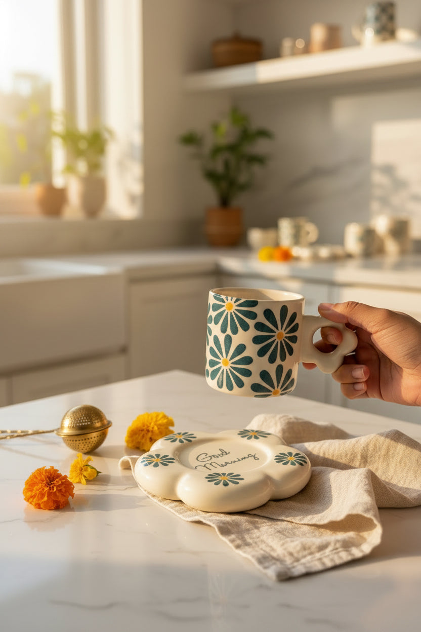 Bloom & Berry Ceramic Mug with Floral Saucer – 300 mL