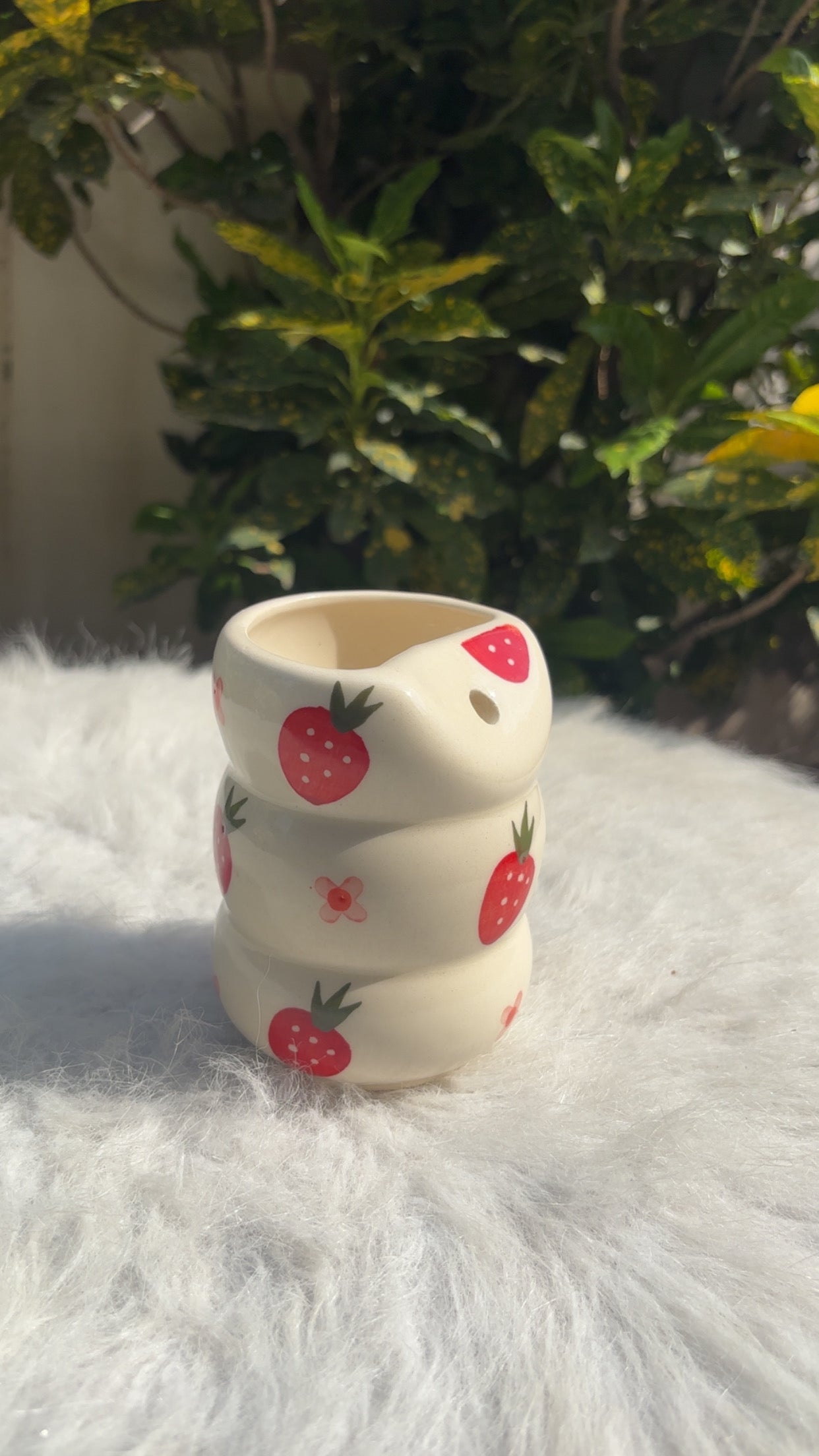 Strawberry Swirl Hand-Painted Ceramic Sipper with Glass Straw | 300 mL