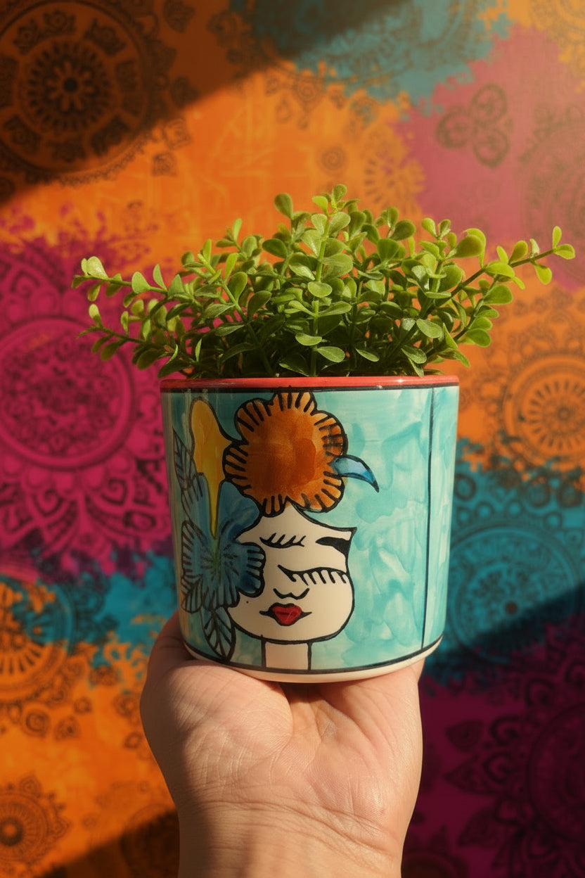 Hand-Painted Floral Girl Ceramic Multipurpose Holder | Planter, Vase & Organizer | 5 x 4 Inch | My Crockery Shop