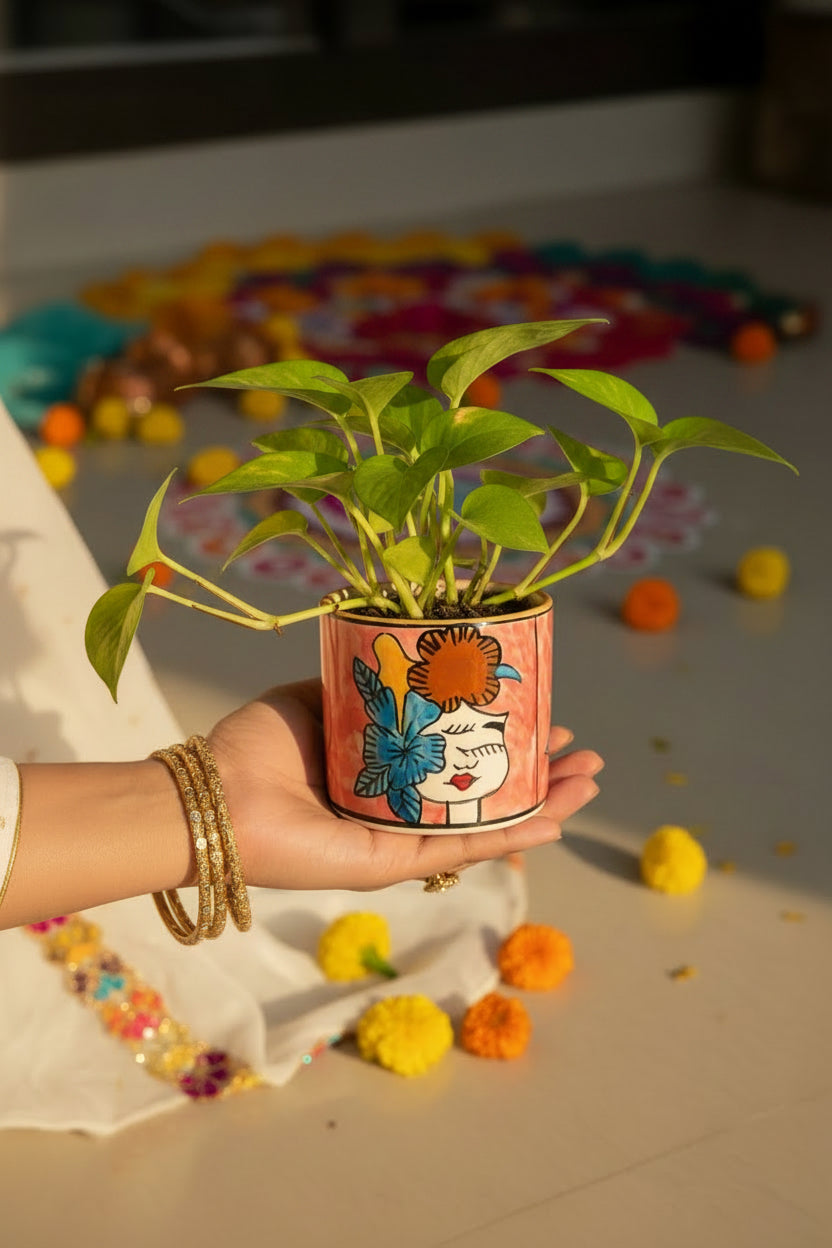 Hand-Painted Floral Girl Ceramic Multipurpose Holder | Planter, Vase & Organizer | 5 x 4 Inch | My Crockery Shop