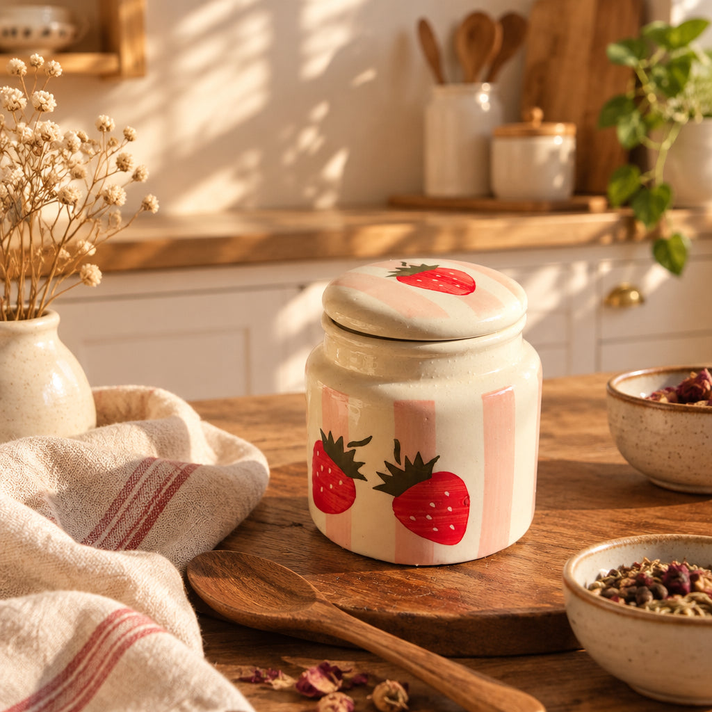 Strawberry Bliss Ceramic Jar – 500 mL (Set of 1)