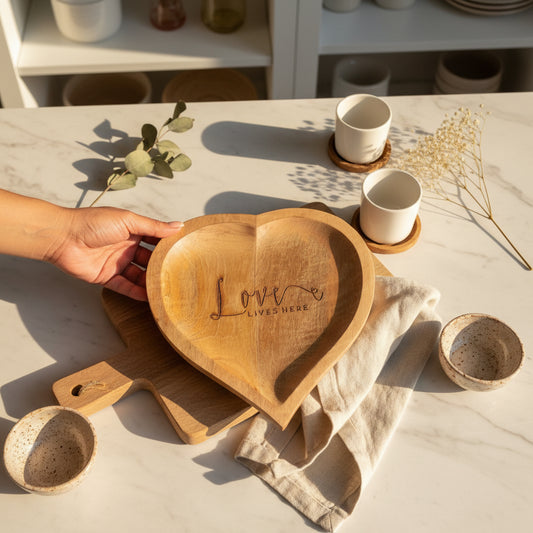 Love Lives Here – Heart Shaped Wooden Tray tray ( set of 1)
