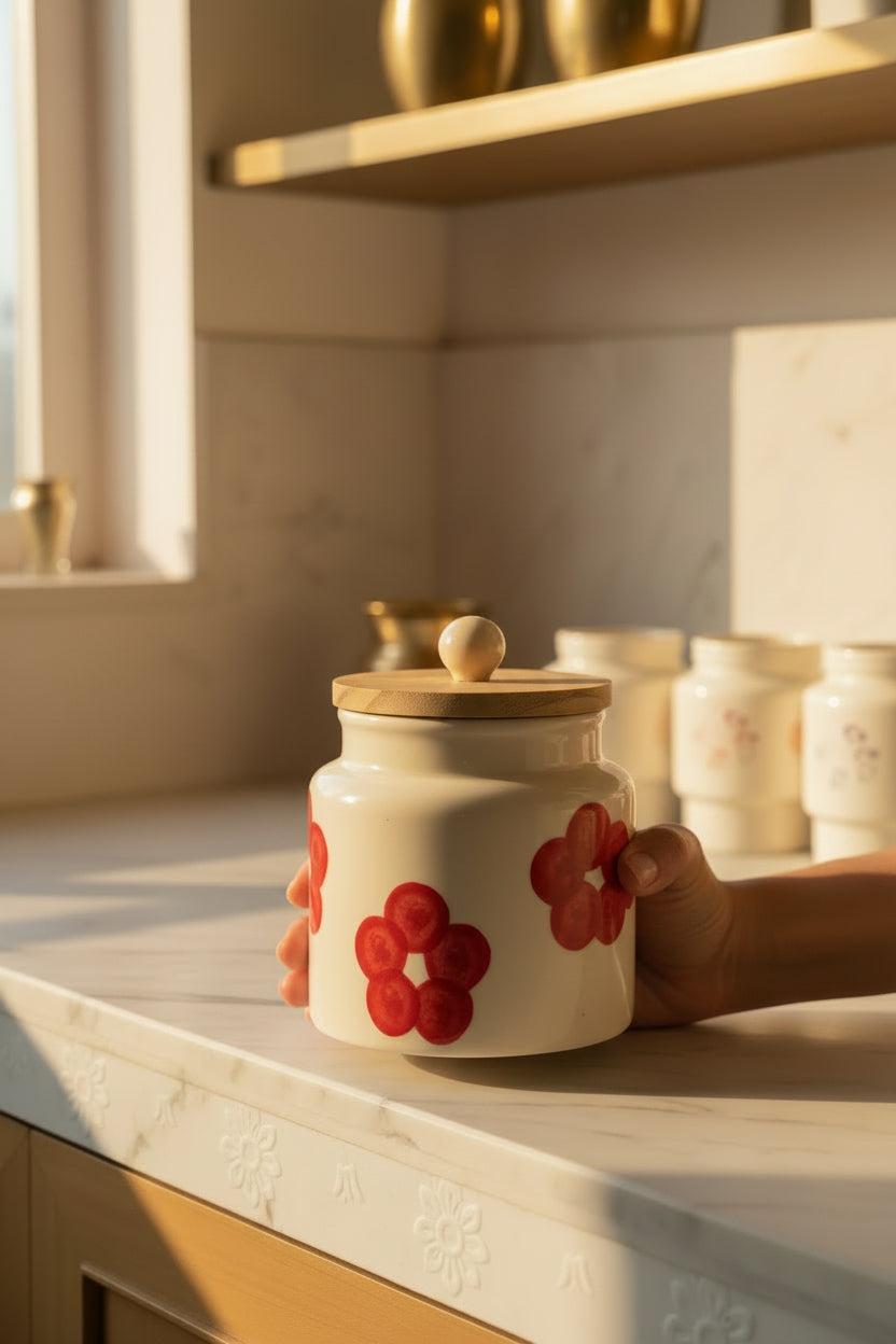Handpainted Ceramic Airtight Storage Jar with Wooden Lid – 500 mL