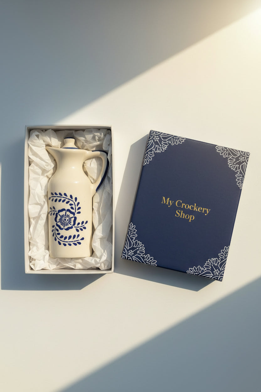 Blue Bloom Handcrafted Ceramic Oil Dispenser – 350 mL