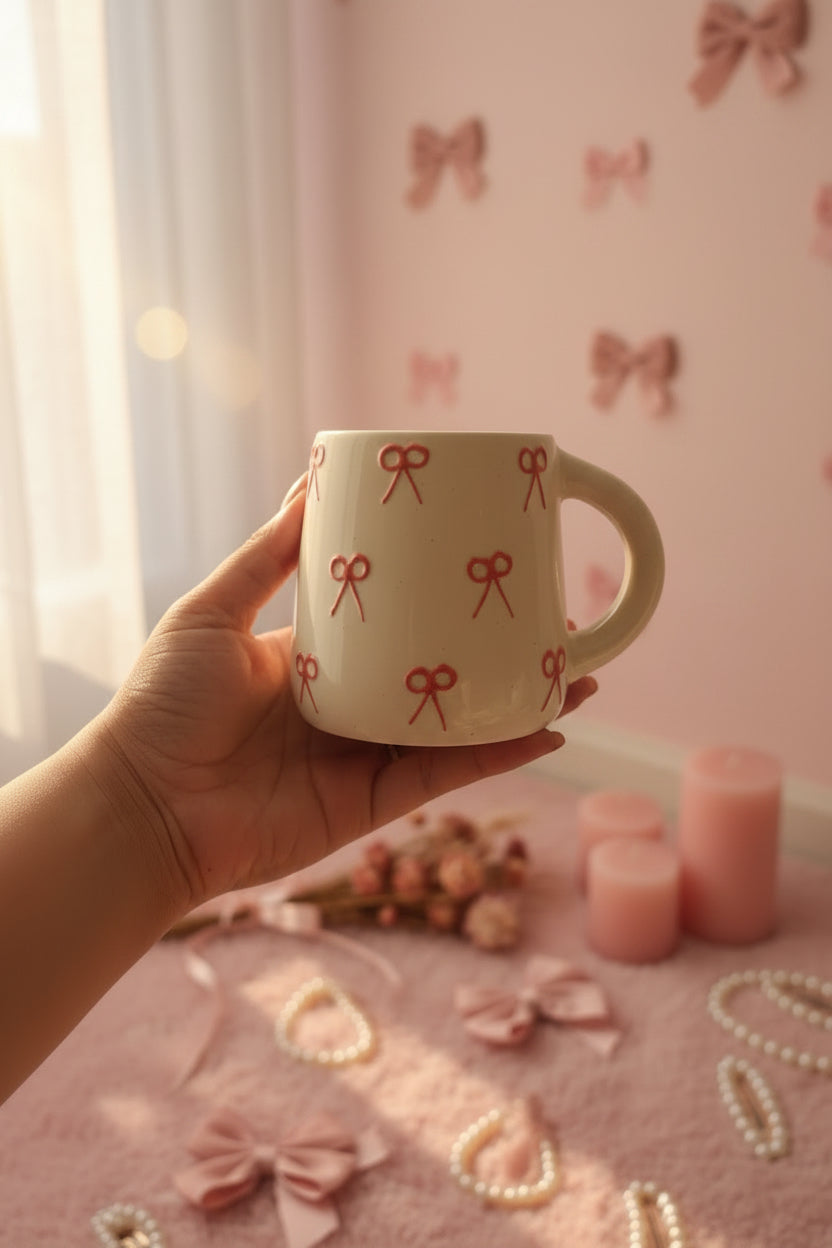 Blush Bow Embossed Ceramic Mug – 300 mL