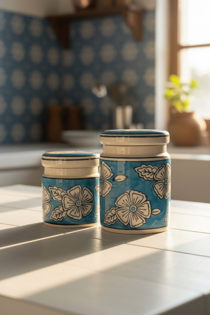 Blue & White Floral Ceramic Jar Set (500mL & 300mL) – Eco-Friendly Non-Airtight Decorative Canister Set with Lids for Kitchen, Dining, and Home Decor