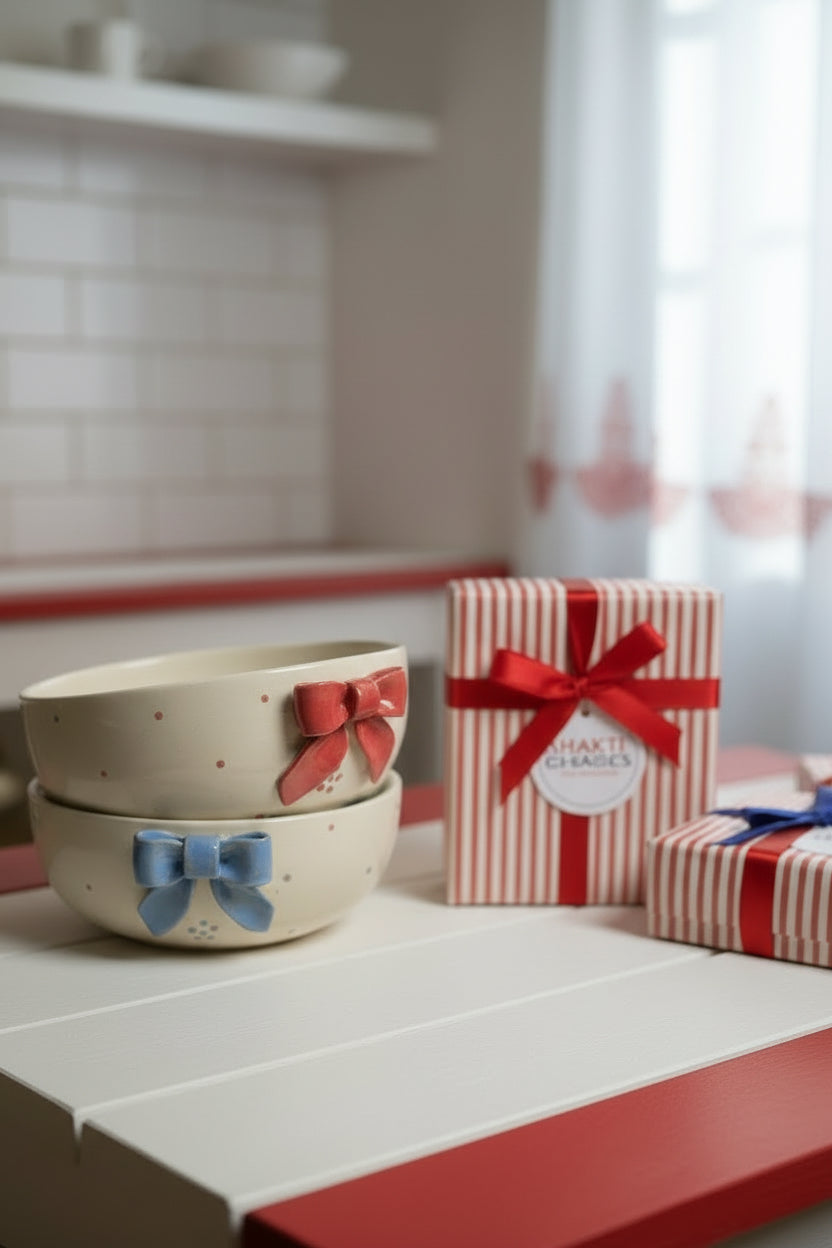Handcrafted Bow Embossed Ceramic Bowl – 6 Inch | Available in 4 Colors / Single piece